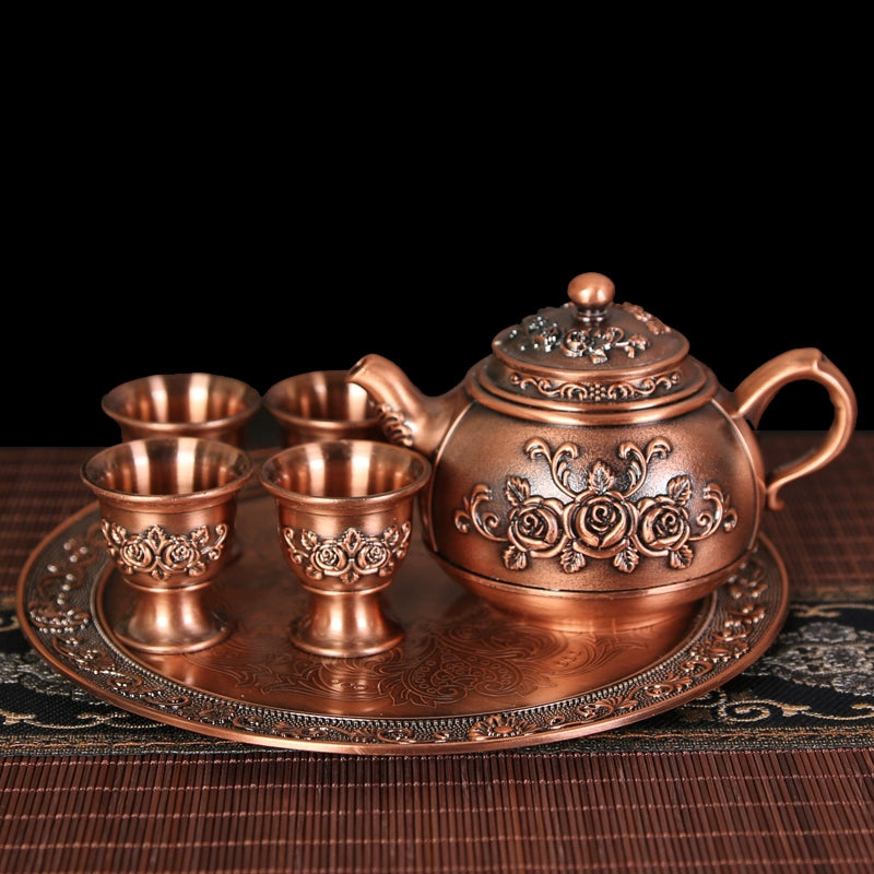 Vintage Bronze Kung Fu Tea Set with Gift Box Tray Coffee & tea sets gifting by julia m 6件 红铜款玫瑰花茶具(红铜款玫瑰花茶具)