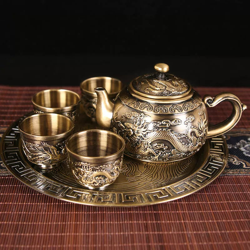 Vintage Bronze Kung Fu Tea Set with Gift Box Tray Coffee & tea sets gifting by julia m 6件 青铜款龙凤茶具【大号推荐】(青铜款龙凤茶具【大号推荐】)