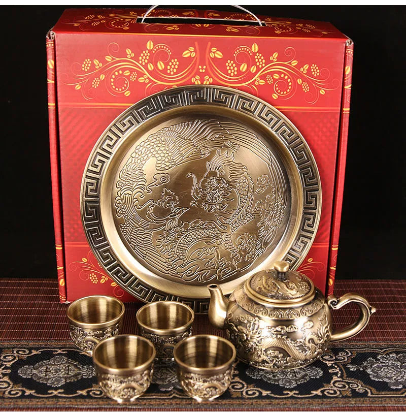 Vintage Bronze Kung Fu Tea Set with Gift Box Tray Coffee & tea sets gifting by julia m