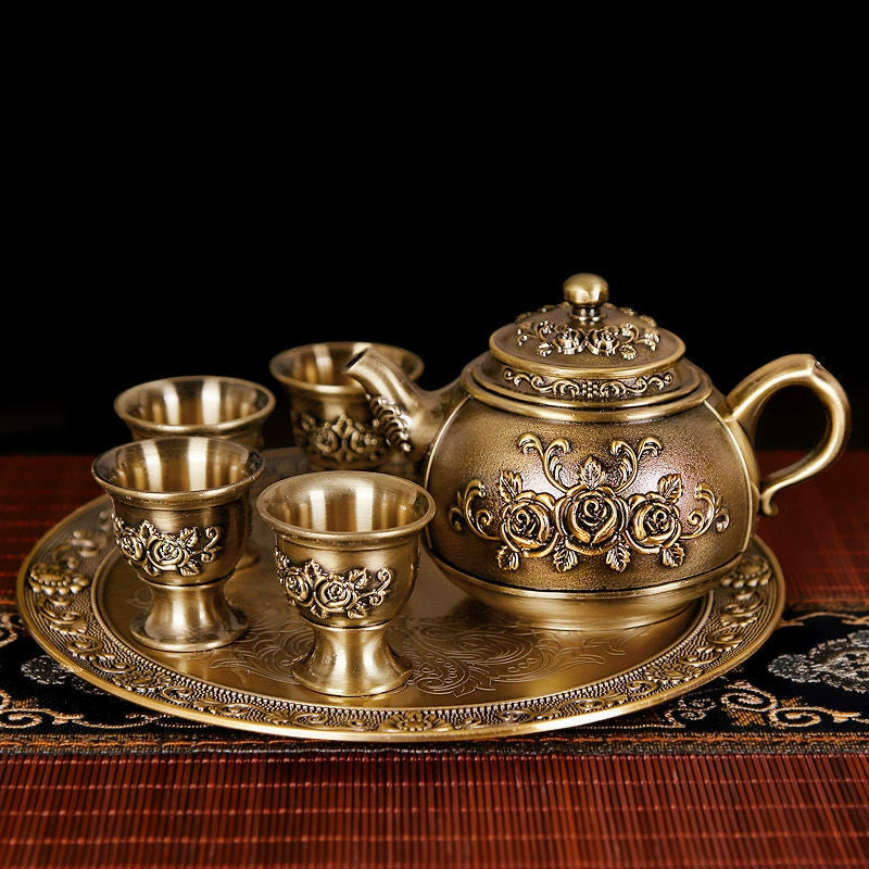 Vintage Bronze Kung Fu Tea Set with Gift Box Tray Coffee & tea sets gifting by julia m 6件 青铜款玫瑰花茶具(青铜款玫瑰花茶具)