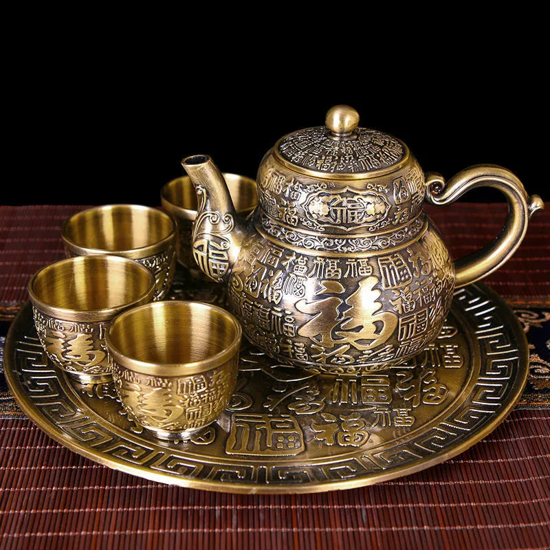 Vintage Bronze Kung Fu Tea Set with Gift Box Tray Coffee & tea sets gifting by julia m 6件 青铜款百福茶具(青铜款百福茶具)
