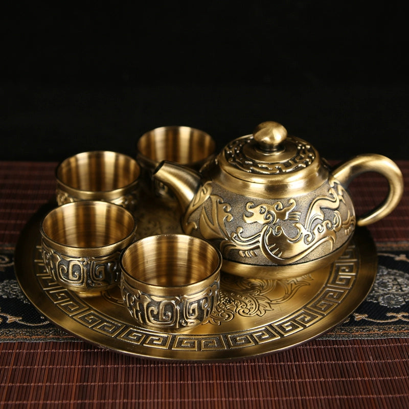 Vintage Bronze Kung Fu Tea Set with Gift Box Tray Coffee & tea sets gifting by julia m 6件 青铜款龙纹茶具(青铜款龙纹茶具)