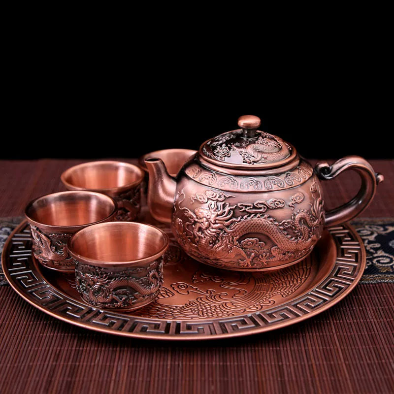 Vintage Bronze Kung Fu Tea Set with Gift Box Tray Coffee & tea sets gifting by julia m 6件 红铜款龙凤茶具【大号推荐】(红铜款龙凤茶具【大号推荐】)
