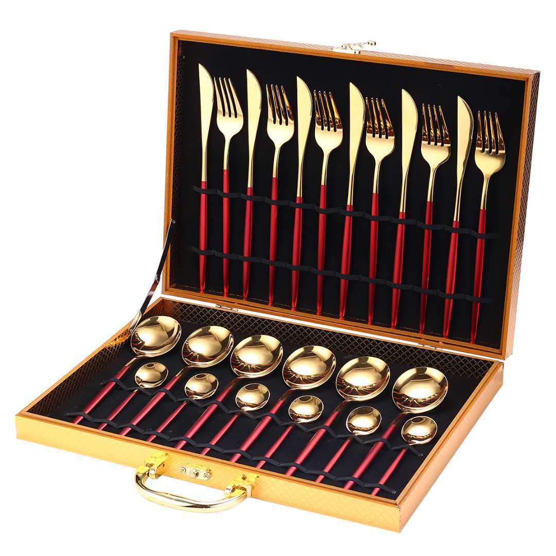 24pcs Gold Dinnerware Set Stainless Steel Dinnerware Sets Gifting By Julia M red gold Add box China