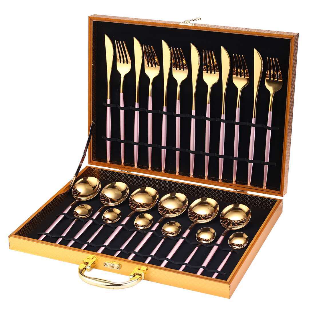 24pcs Gold Dinnerware Set Stainless Steel Dinnerware Sets Gifting By Julia M Pink gold Add box China