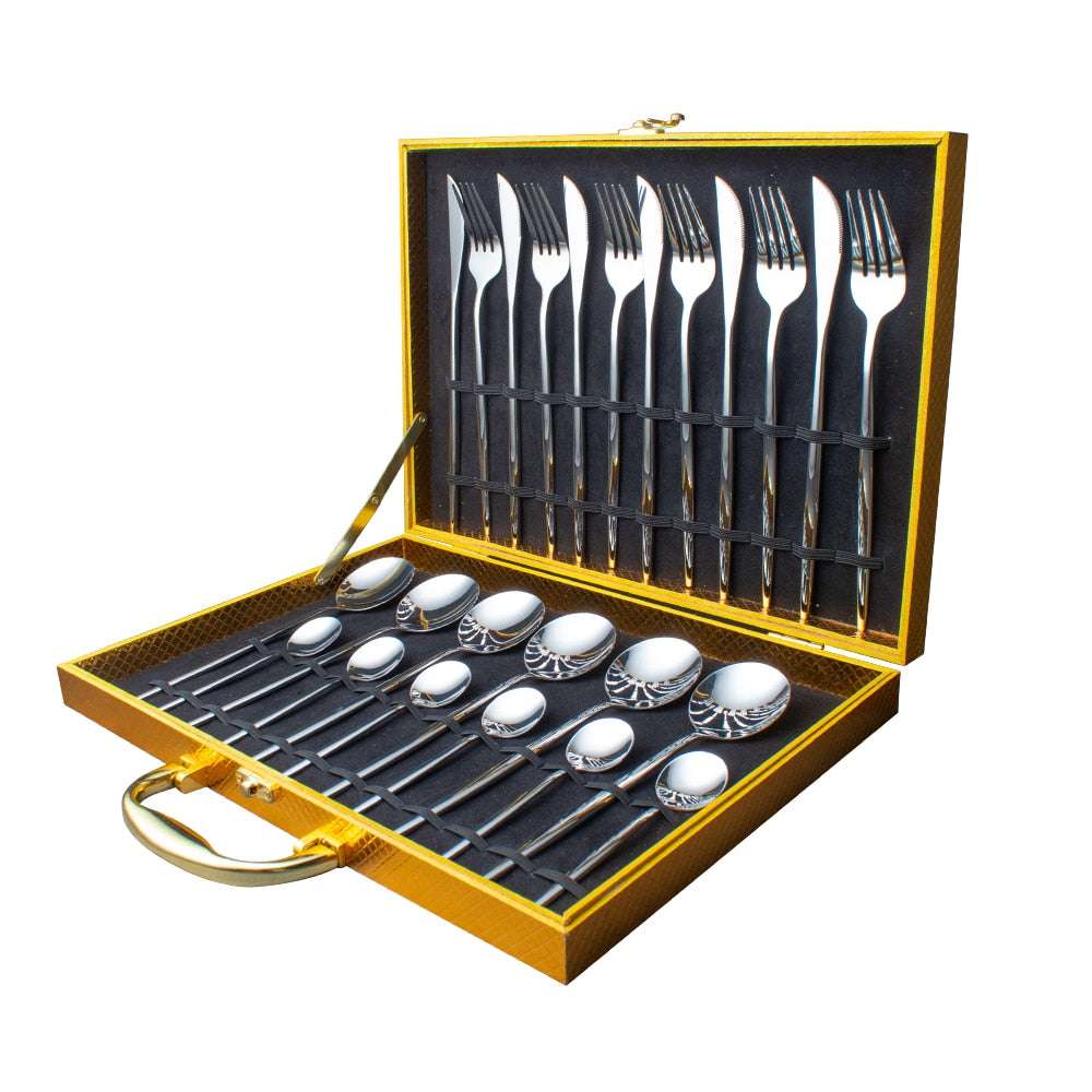 24pcs Gold Dinnerware Set Stainless Steel Dinnerware Sets Gifting By Julia M silver Add box China