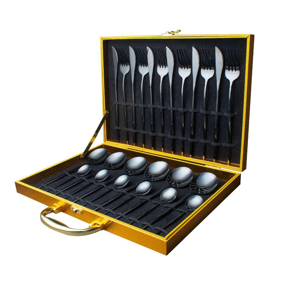 24pcs Gold Dinnerware Set Stainless Steel Dinnerware Sets Gifting By Julia M black Add box China