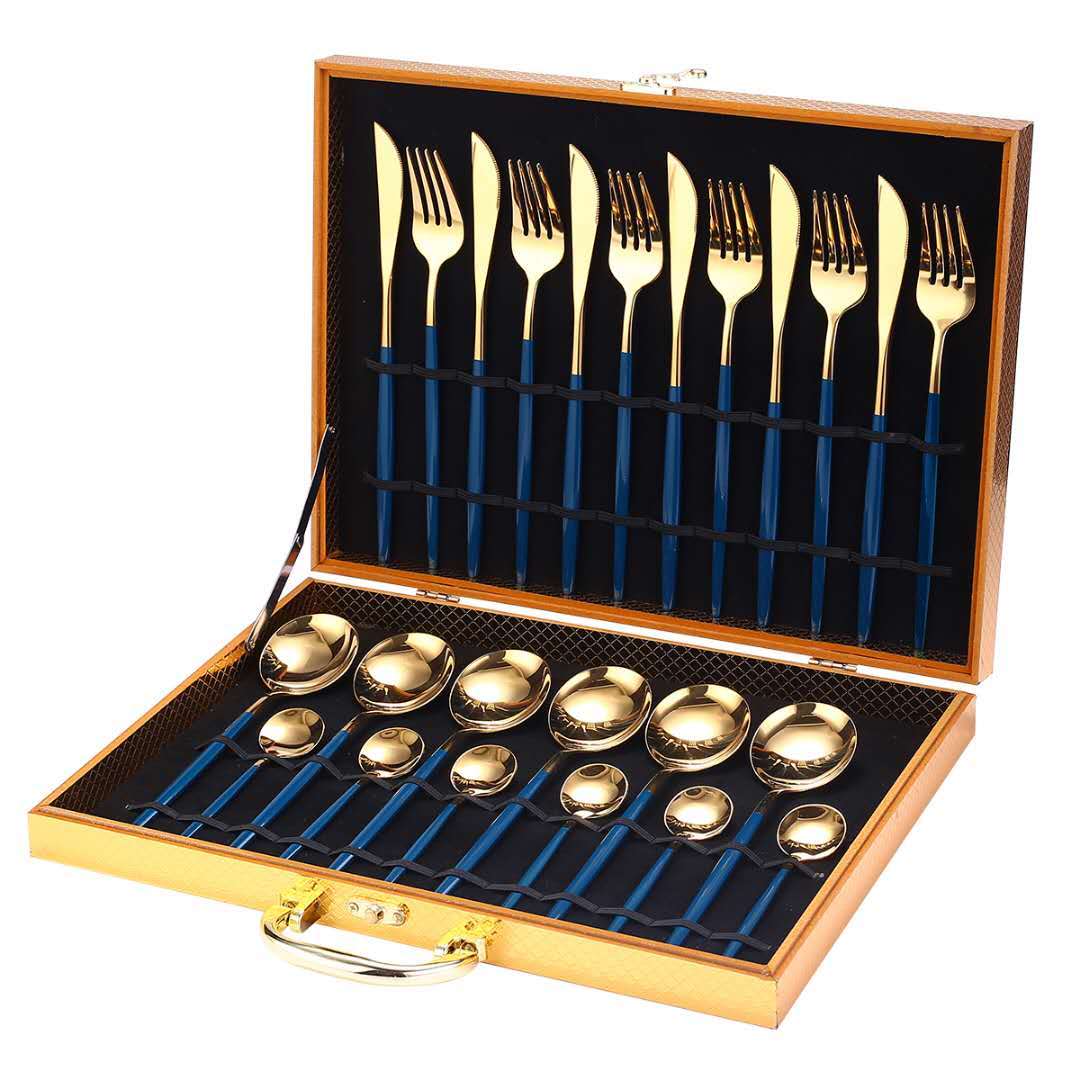 24pcs Gold Dinnerware Set Stainless Steel Dinnerware Sets Gifting By Julia M Blue gold Add box China