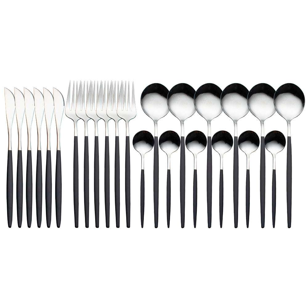 24pcs Gold Dinnerware Set Stainless Steel Dinnerware Sets Gifting By Julia M black silver China