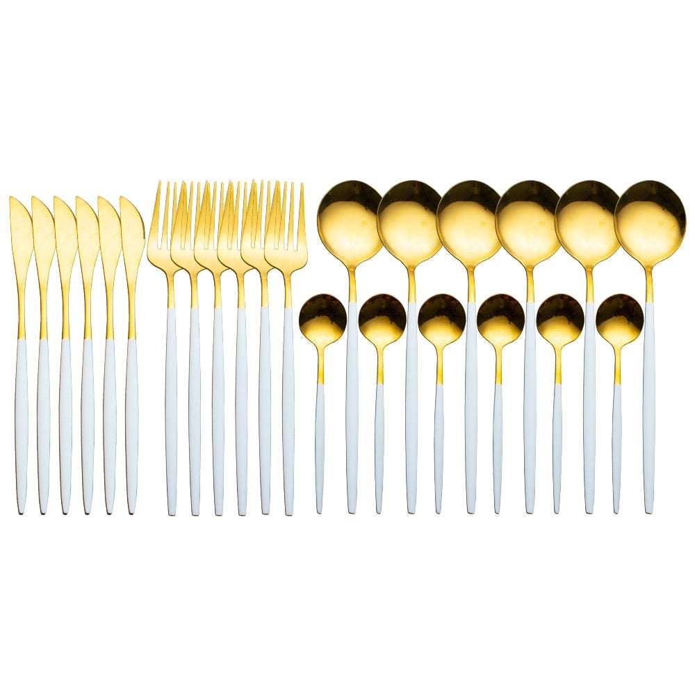 24pcs Gold Dinnerware Set Stainless Steel Dinnerware Sets Gifting By Julia M White gold China