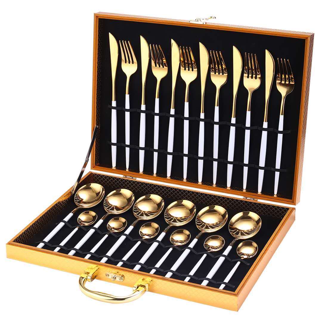 24pcs Gold Dinnerware Set Stainless Steel Dinnerware Sets Gifting By Julia M White gold Add box China