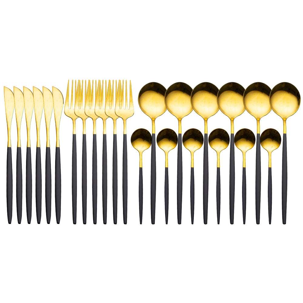 24pcs Gold Dinnerware Set Stainless Steel Dinnerware Sets Gifting By Julia M black gold China
