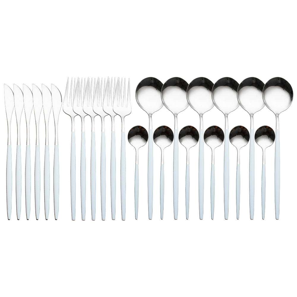 24pcs Gold Dinnerware Set Stainless Steel Dinnerware Sets Gifting By Julia M White silver China