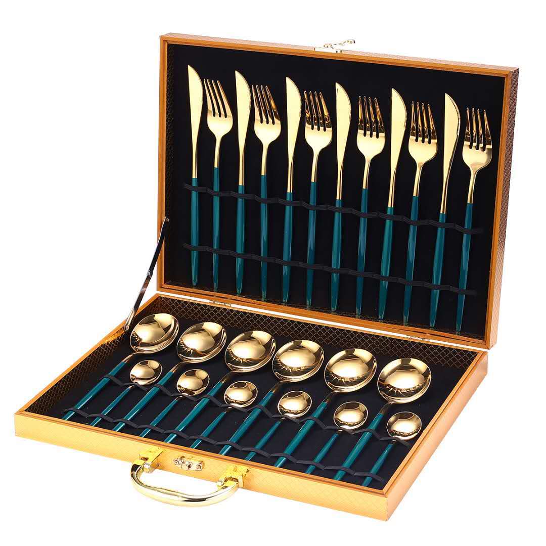 24pcs Gold Dinnerware Set Stainless Steel Dinnerware Sets Gifting By Julia M Green gold Add box China
