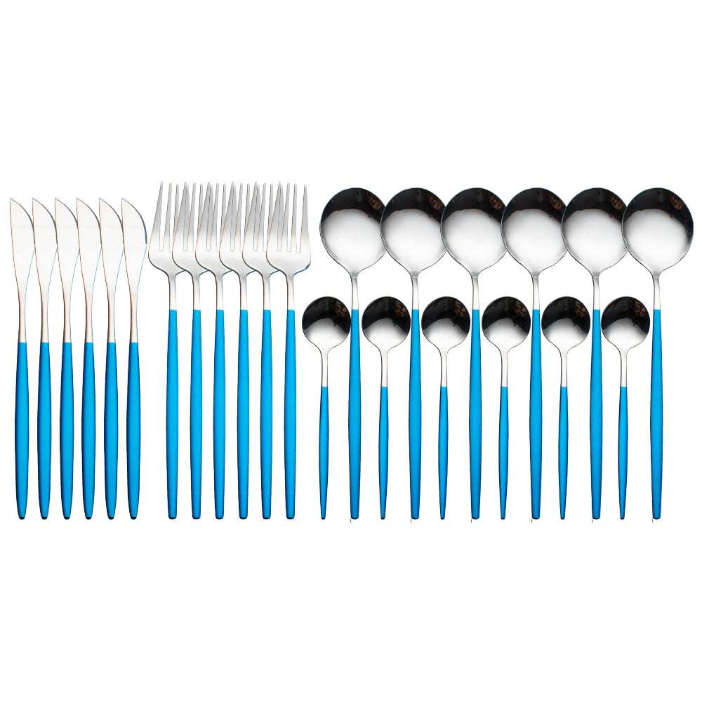 24pcs Gold Dinnerware Set Stainless Steel Dinnerware Sets Gifting By Julia M Blue silver China
