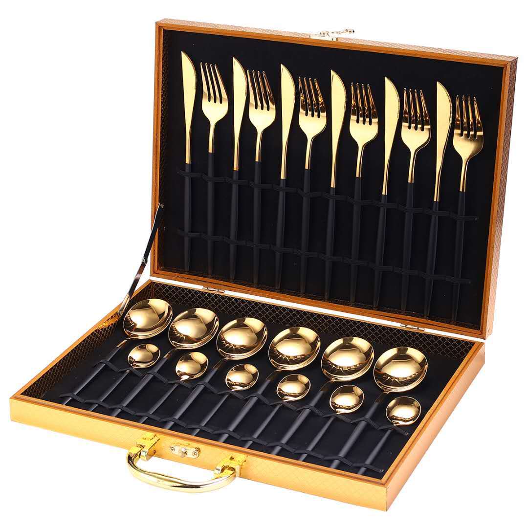 24pcs Gold Dinnerware Set Stainless Steel Dinnerware Sets Gifting By Julia M black gold Add box China