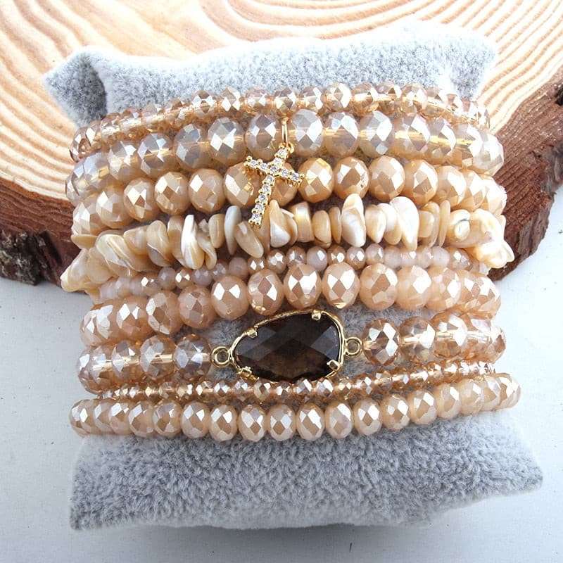9pc Designer Beaded Bracelet Set Bracelets Gifting By Julia M beige 18.5cm