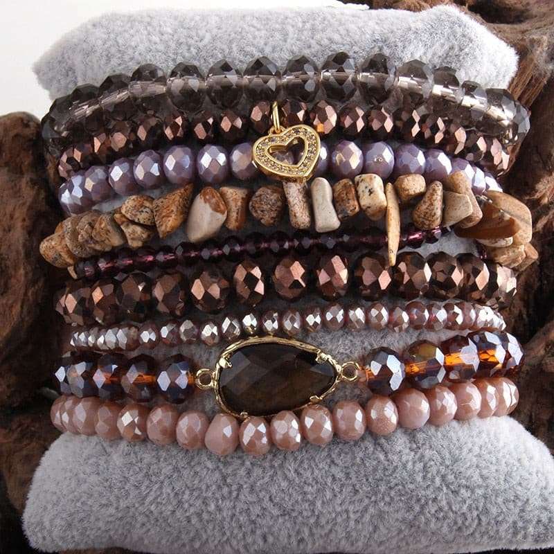 9pc Designer Beaded Bracelet Set Bracelets Gifting By Julia M brown 18.5cm