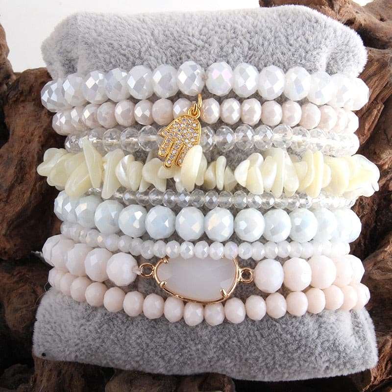 9pc Designer Beaded Bracelet Set Bracelets Gifting By Julia M white 18.5cm