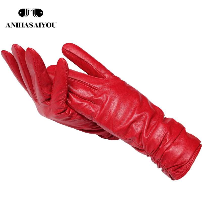 Classic Pleated Genuine Leather Gloves Gloves gifting by julia m Red 6.5