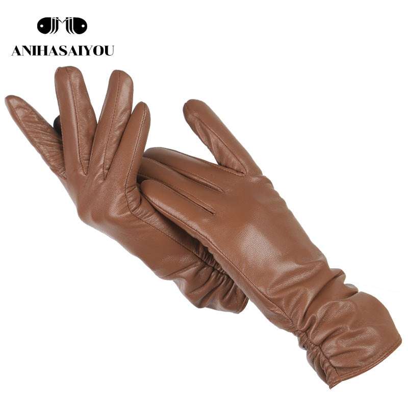 Classic Pleated Genuine Leather Gloves Gloves gifting by julia m Khaki 6.5