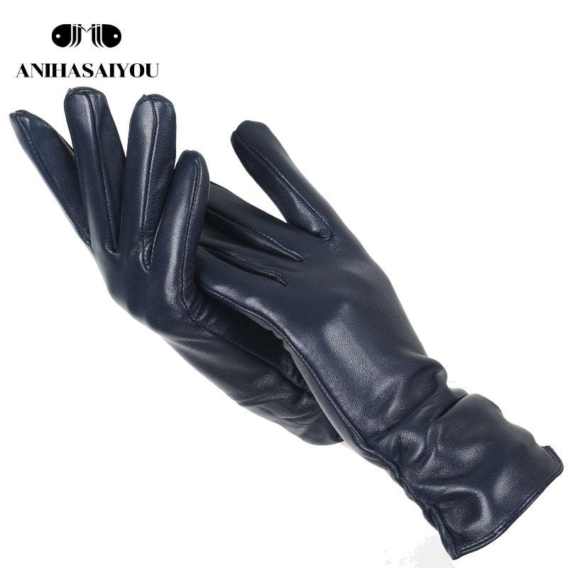 Classic Pleated Genuine Leather Gloves Gloves gifting by julia m Navy Blue 6.5