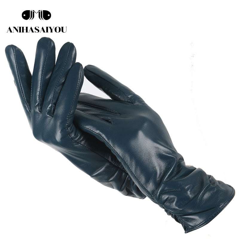 Classic Pleated Genuine Leather Gloves Gloves gifting by julia m Lake Blue 6.5
