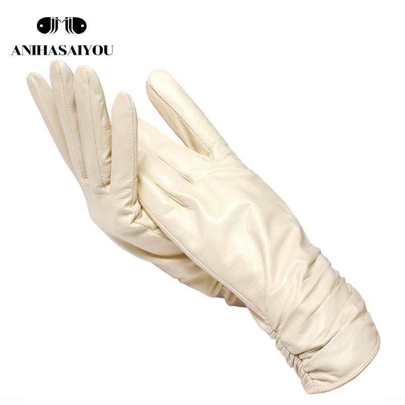 Classic Pleated Genuine Leather Gloves Gloves gifting by julia m Beige 6.5