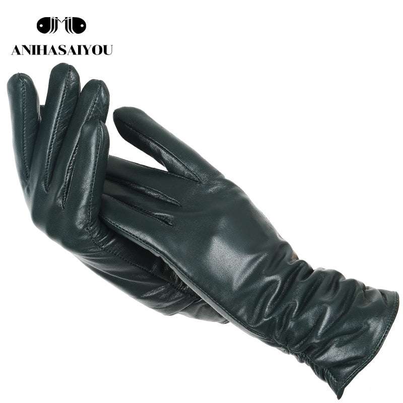 Classic Pleated Genuine Leather Gloves Gloves gifting by julia m Black Green 6.5
