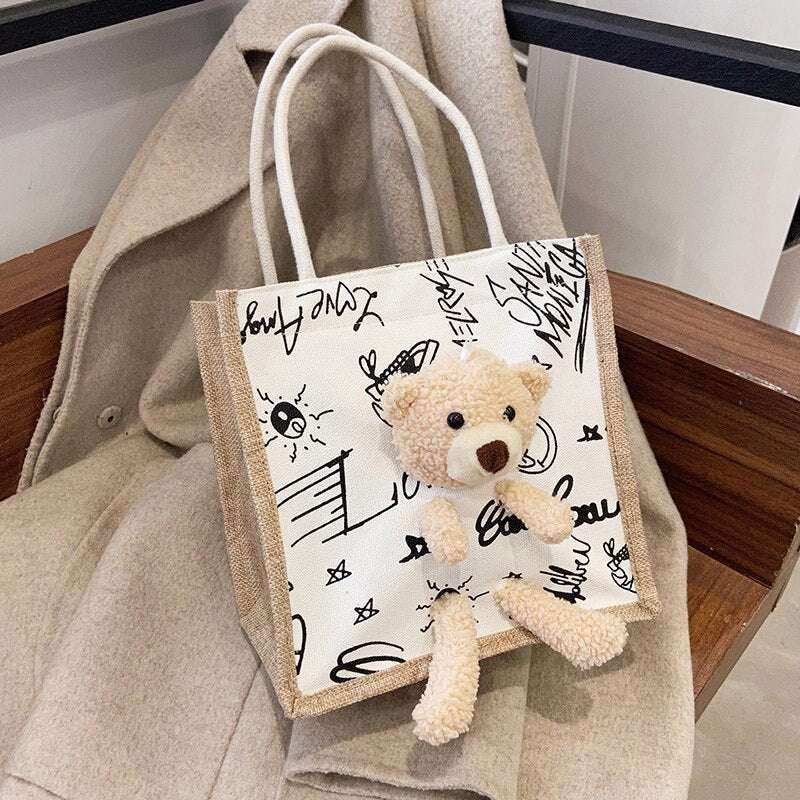 Cuddly Bear Canvas Tote Handbags gifting by julia m SKU-3