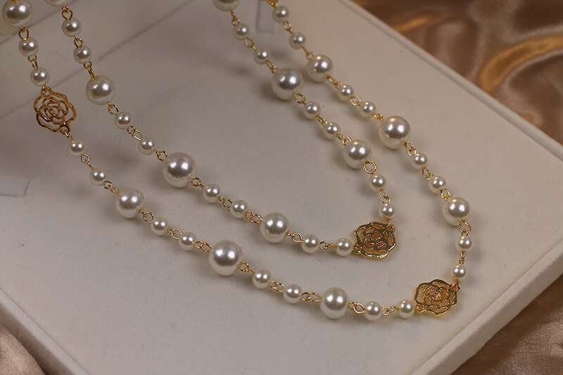 Double Layer Pearls Flower Long Necklace Necklaces Gifting By Julia M