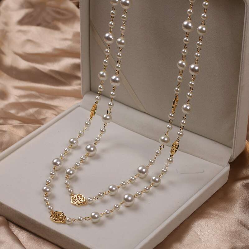 Double Layer Pearls Flower Long Necklace Necklaces Gifting By Julia M