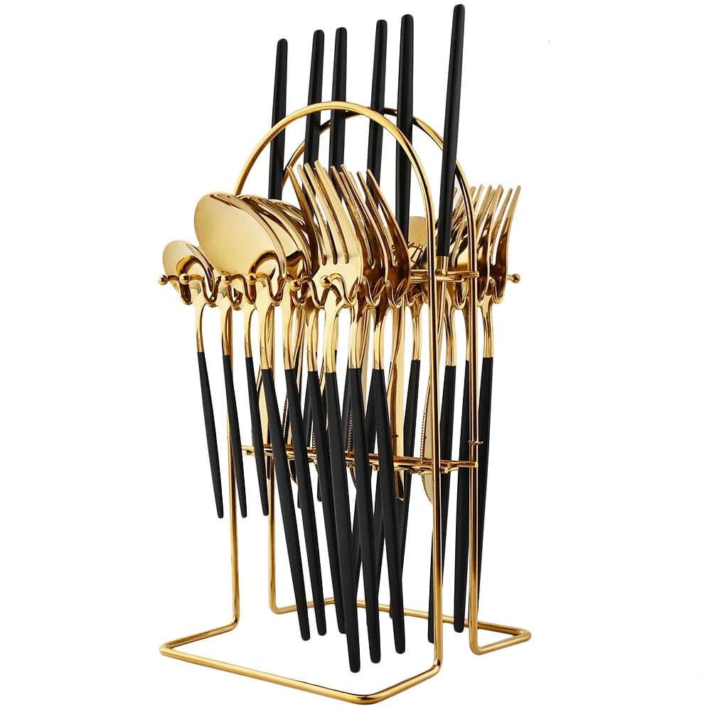 Flatware Set - Stylish and Eco-Friendly Cutlery Flatware Set gifting by julia m Black Gold and Rack
