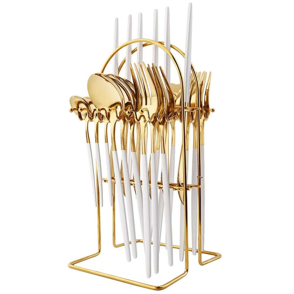 Flatware Set - Stylish and Eco-Friendly Cutlery Flatware Set gifting by julia m White Gold and Rack