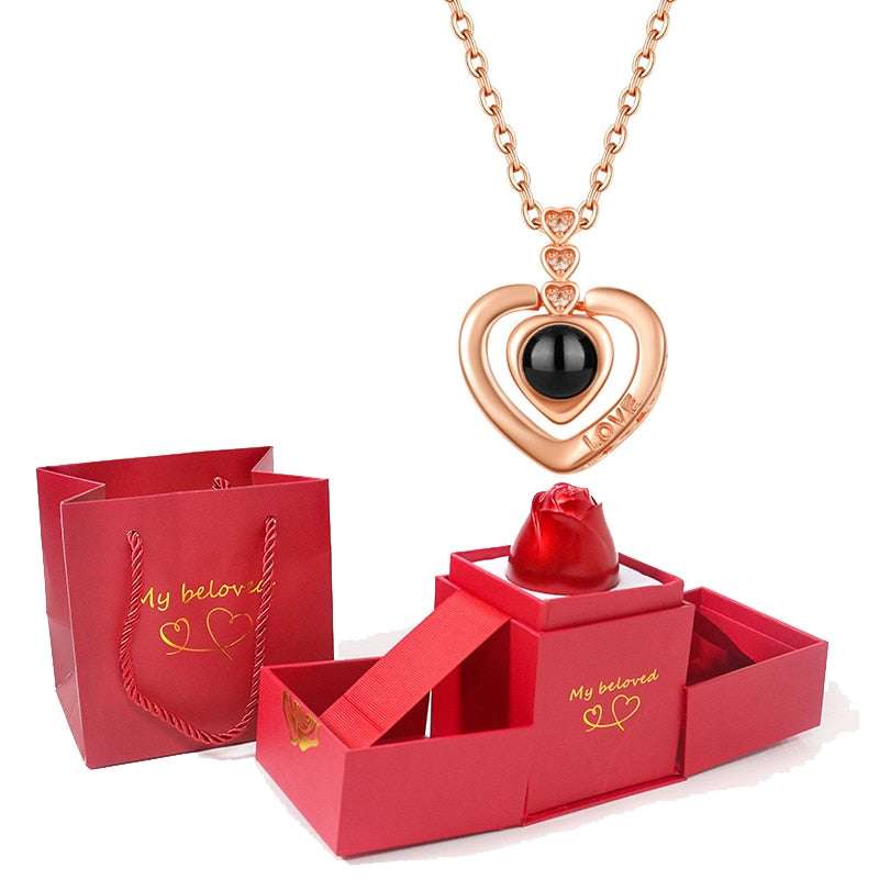 Love Heart Projection Necklace 100 Languages I Love You Pendant With Rose Gift Box Necklaces Gifting By Julia M gold-04