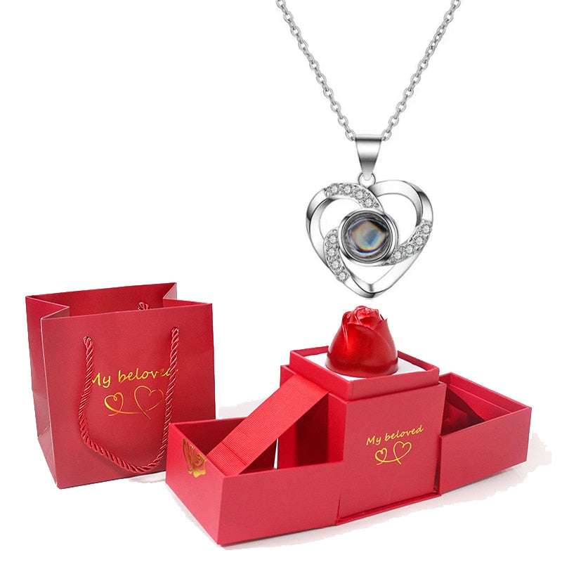 Love Heart Projection Necklace 100 Languages I Love You Pendant With Rose Gift Box Necklaces Gifting By Julia M silver-06