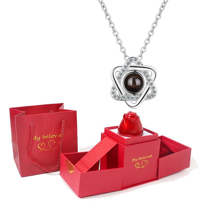 Love Heart Projection Necklace 100 Languages I Love You Pendant With Rose Gift Box Necklaces Gifting By Julia M silver-08