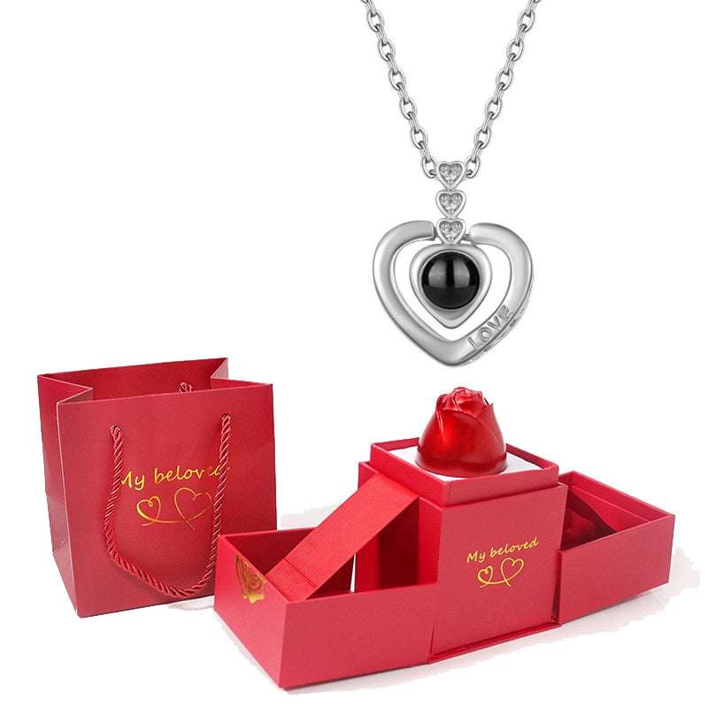 Love Heart Projection Necklace 100 Languages I Love You Pendant With Rose Gift Box Necklaces Gifting By Julia M silver-04