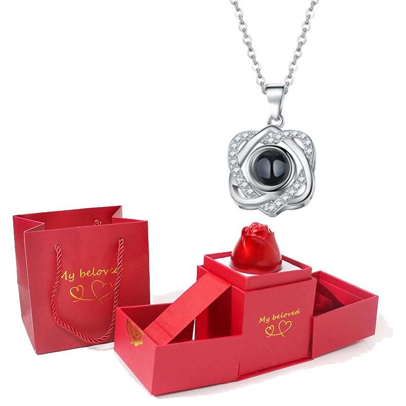 Love Heart Projection Necklace 100 Languages I Love You Pendant With Rose Gift Box Necklaces Gifting By Julia M silver-10