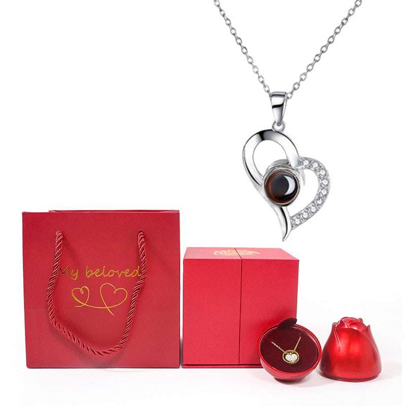 Love Heart Projection Necklace 100 Languages I Love You Pendant With Rose Gift Box Necklaces Gifting By Julia M silver-01