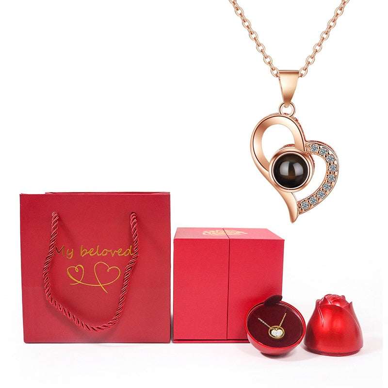 Love Heart Projection Necklace 100 Languages I Love You Pendant With Rose Gift Box Necklaces Gifting By Julia M gold-01
