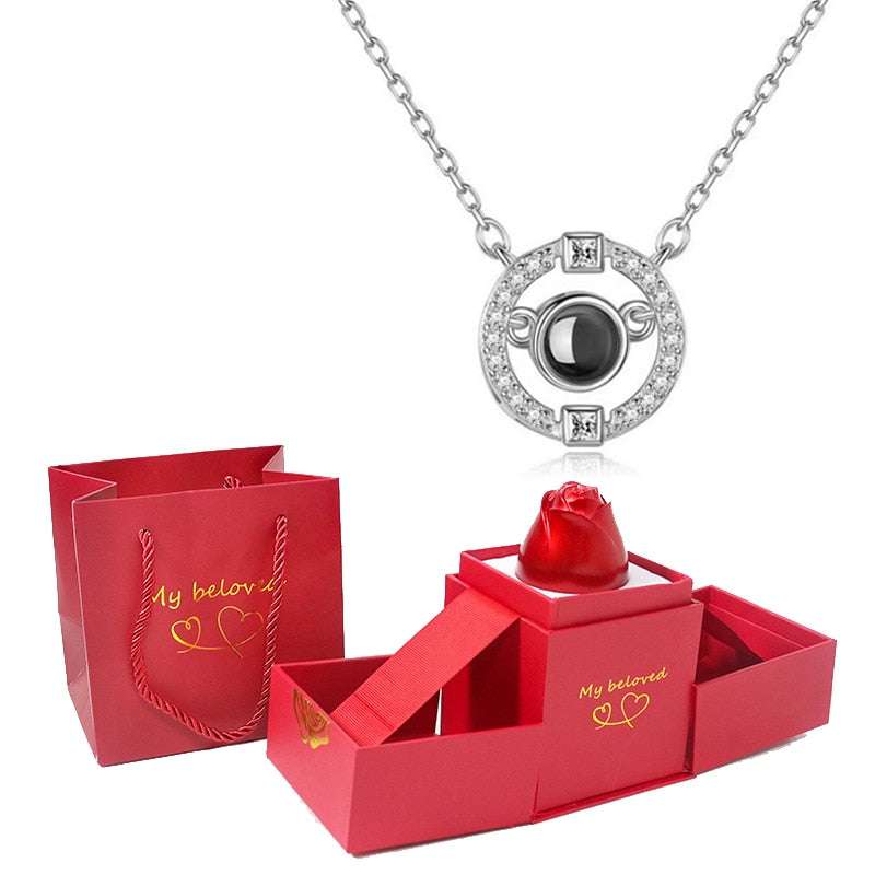 Love Heart Projection Necklace 100 Languages I Love You Pendant With Rose Gift Box Necklaces Gifting By Julia M silver-07