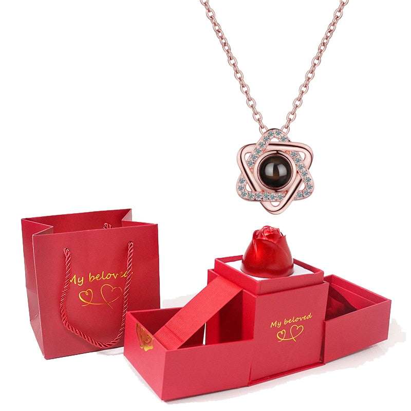 Love Heart Projection Necklace 100 Languages I Love You Pendant With Rose Gift Box Necklaces Gifting By Julia M gold-08