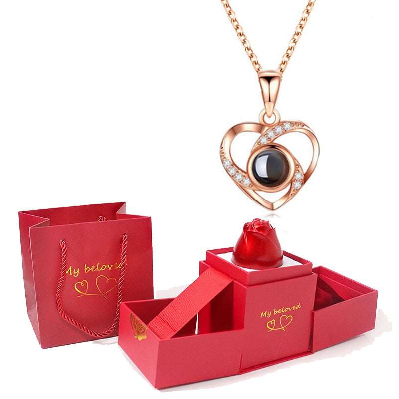 Love Heart Projection Necklace 100 Languages I Love You Pendant With Rose Gift Box Necklaces Gifting By Julia M gold-06