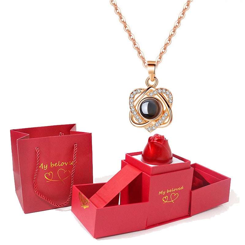 Love Heart Projection Necklace 100 Languages I Love You Pendant With Rose Gift Box Necklaces Gifting By Julia M gold-10