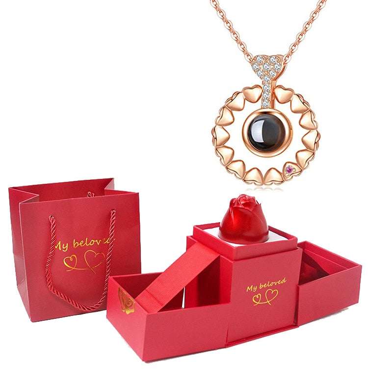 Love Heart Projection Necklace 100 Languages I Love You Pendant With Rose Gift Box Necklaces Gifting By Julia M gold-09