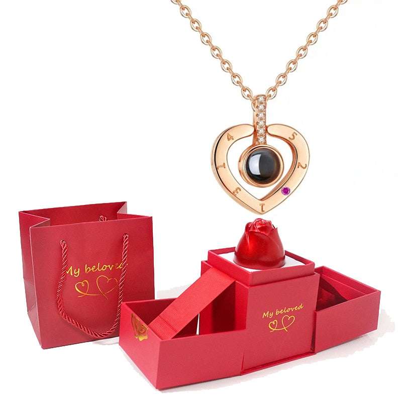 Love Heart Projection Necklace 100 Languages I Love You Pendant With Rose Gift Box Necklaces Gifting By Julia M gold-03
