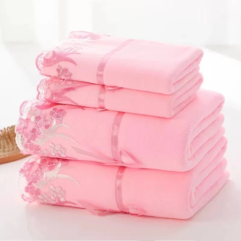 Luxury Lace Embroidered Microfiber Towel Set: Ultimate Bathroom Elegance microfiber towel set Gifting By Julia M Lace Pink