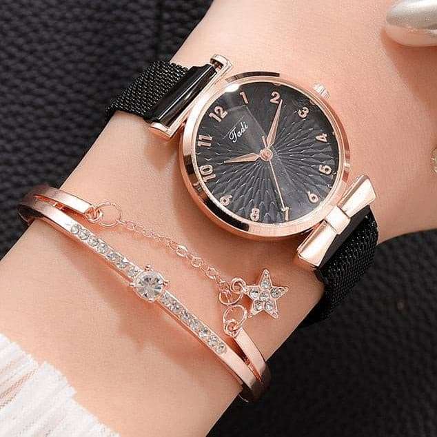 Luxury Magnetic Pink Dial Bracelet Quartz Watch watch & bracelet set gifting by julia m Magnet Black Set