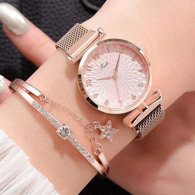 Luxury Magnetic Pink Dial Bracelet Quartz Watch watch & bracelet set gifting by julia m Magnet Pink Set